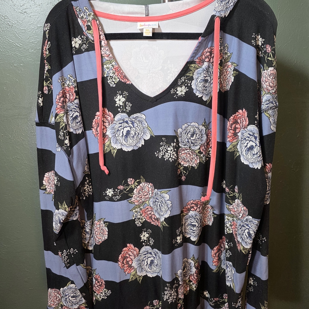 LuLaRoe Black, Lavender & Coral Floral Striped Hoodie Top